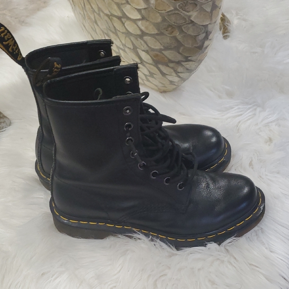 Dr. Martens Black Unisex Leather Laceup Combat  Boots with Yellow Accents - Picture 3 of 17